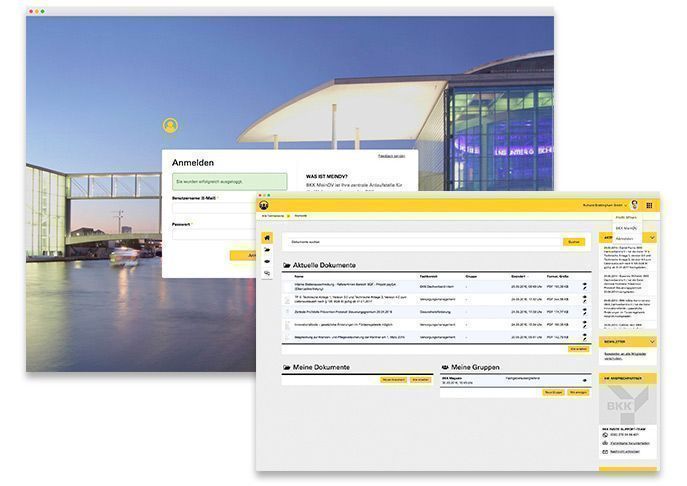 Abgebildet ist sind zwei Seiten einer Intranet-Anwendung